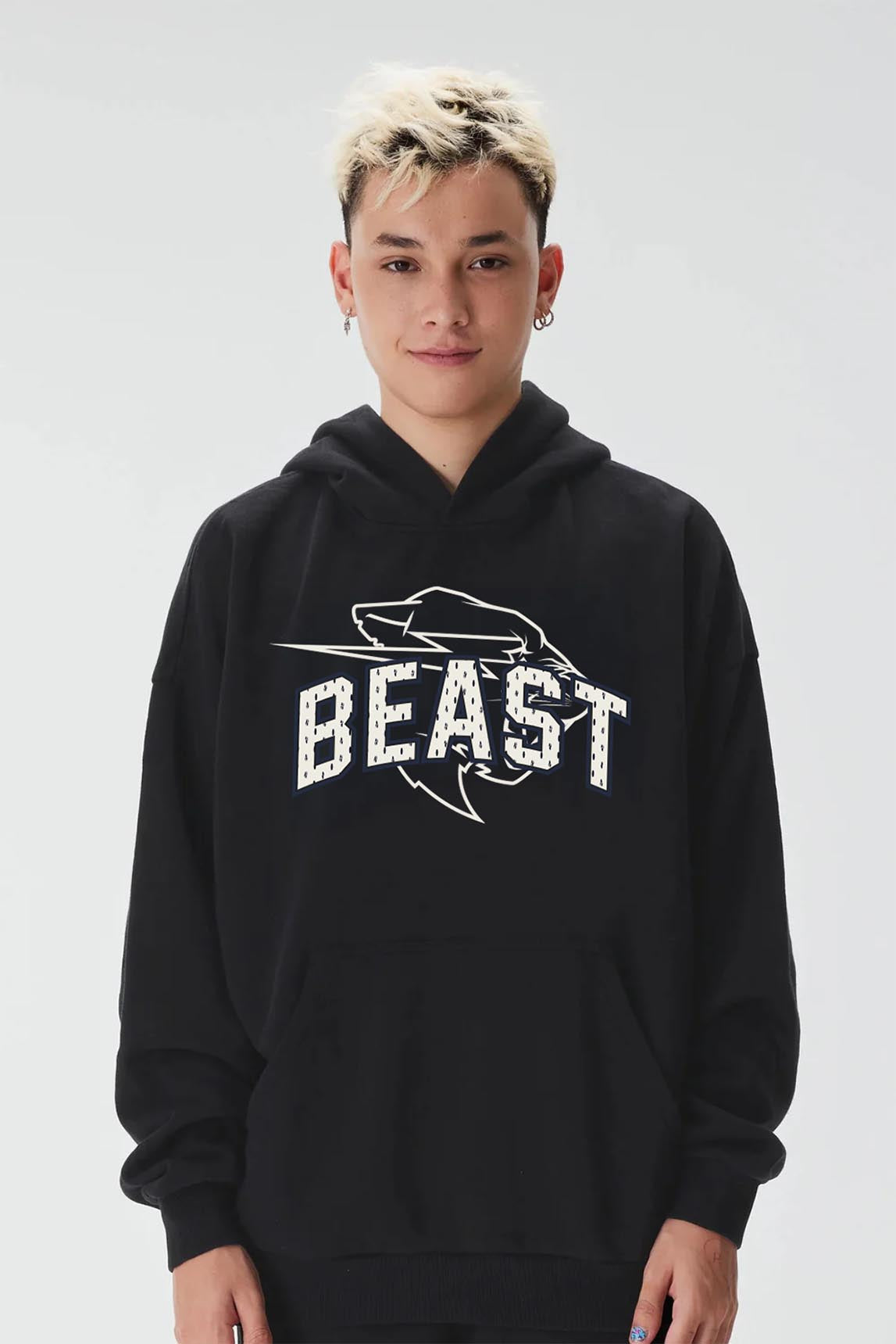 Model wearing an official MrBeast TypeBeast hoodie